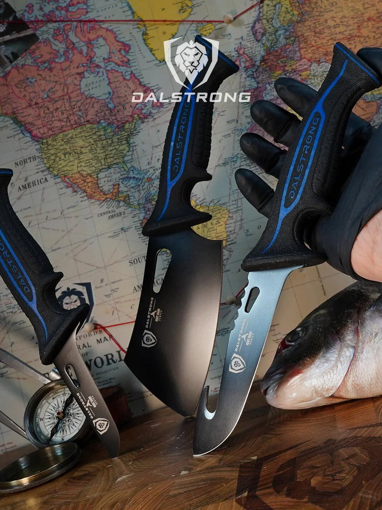 3-Piece Knife Set | Boning Knife, Hook Knife, Mini Cleaver | Night Shark Series | NSF Certified | Dalstrong with a fish on top of the Dalstrong wooden board.