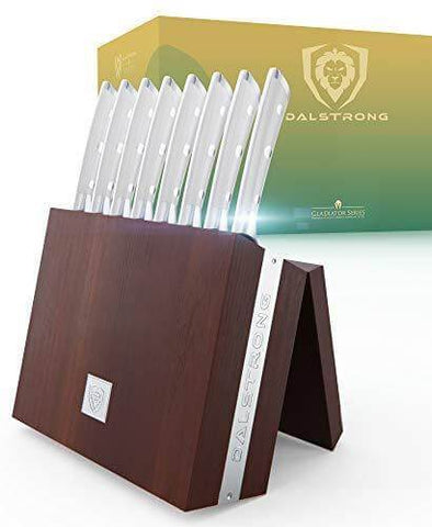 8-Piece Steak Knife Set | White ABS Handles with Storage Block | Gladiator Series | Knives NSF Certified | Dalstrong ©