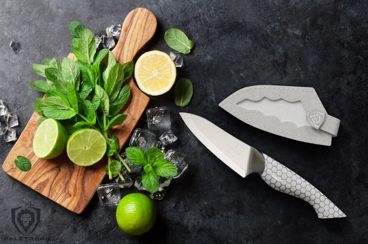 A photo of the Paring Knife 3.5" Frost Fire Series NSF Certified Dalstrong with ice and lemons on top of a wooden board.