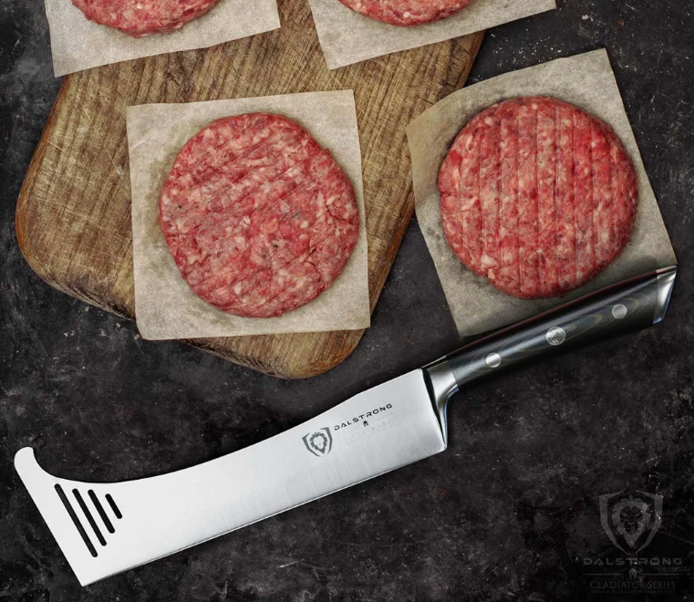 A photo of the Spatula Knife Hybrid Utensil 8" Gladiator Series | NSF Certified | Dalstrong with four burger patties