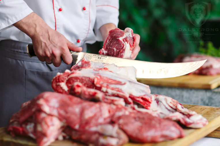 Butcher's Breaking Cimitar Knife 10" | Shogun Series ELITE | Dalstron slicing through a meat