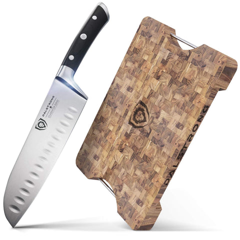 The Dalstrong Lionswood End-Grain Teak Cutting & Serving Board Bundled with The Gladiator Series 7" Santoku Knife