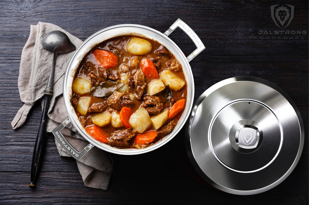 stock pot with beef stew on counter