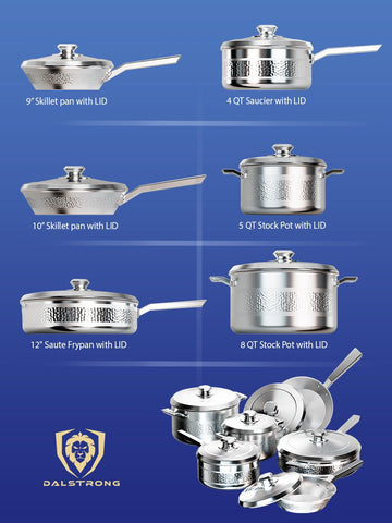 Different angles of the Avalon 12pc Silver Cookware Set dimensions