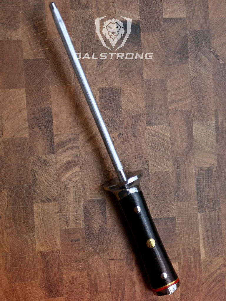 A photo of the Honing Steel 8" Centurion Series | Dalstrong on top of a wooden board.