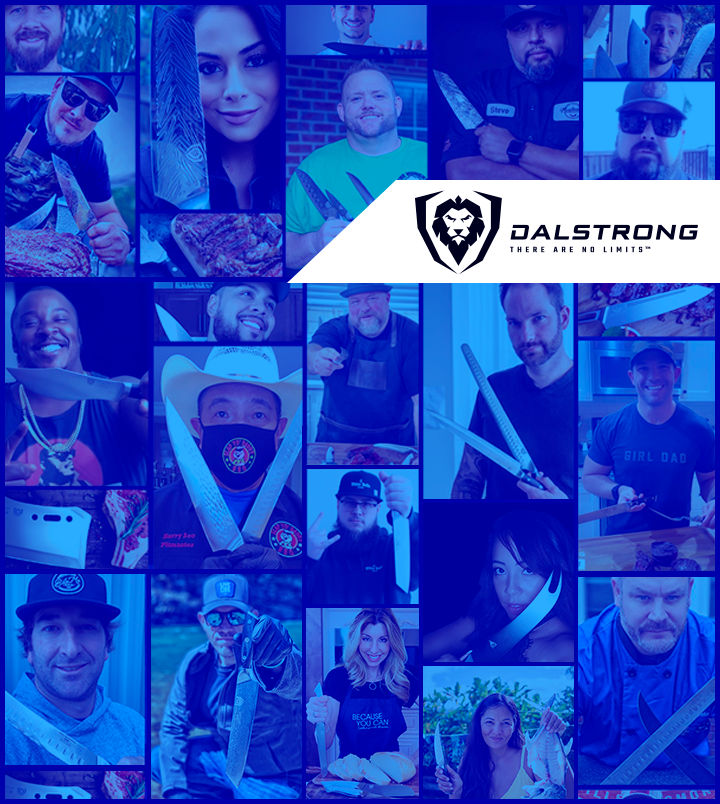 A collage of different Dalstrong Ambassadors and Pitmasters holding their favorite Dalstrong Knives.