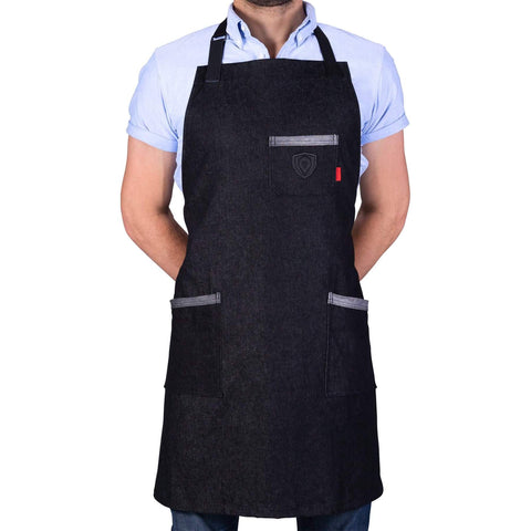 Man poses in Dalstrong Professional Chef's Kitchen Apron - The Night Rider with white background