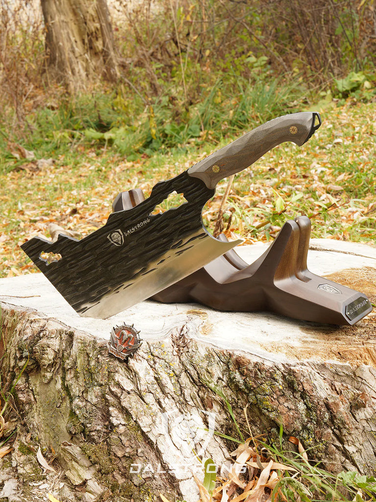 Obliterator Cleaver Knife | Acacia Wood Stand | Barbarian Series | Dalstrong on top of a wood.