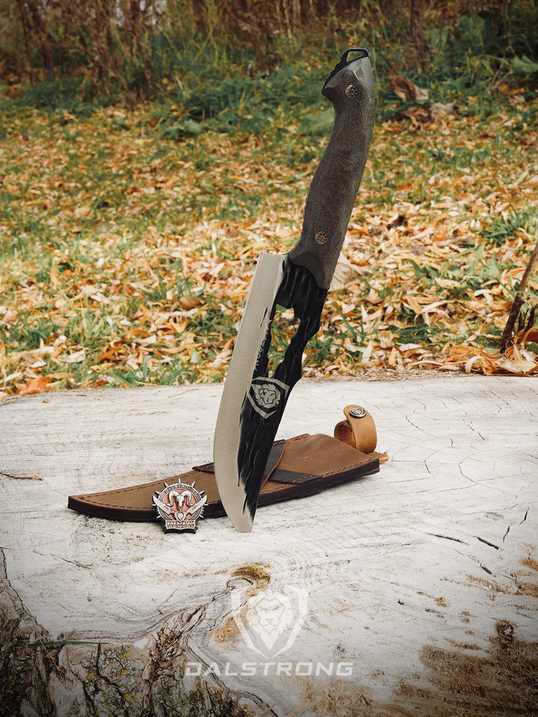 Chef's Knife 8" | Barbarian Series | Dalstrong with it's premium sheath and pin on top of a wood.