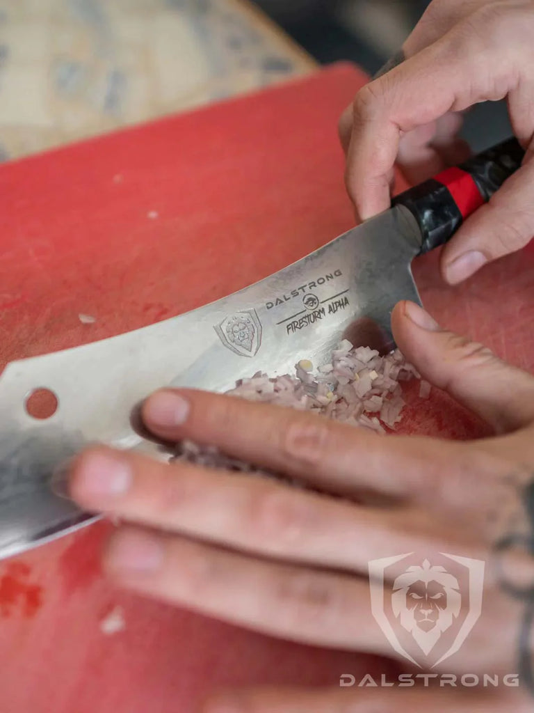 A photo of a hand holding the Chef & Cleaver Hybrid Knife 8" | "The Crixus" | Firestorm Alpha Series | Dalstrong