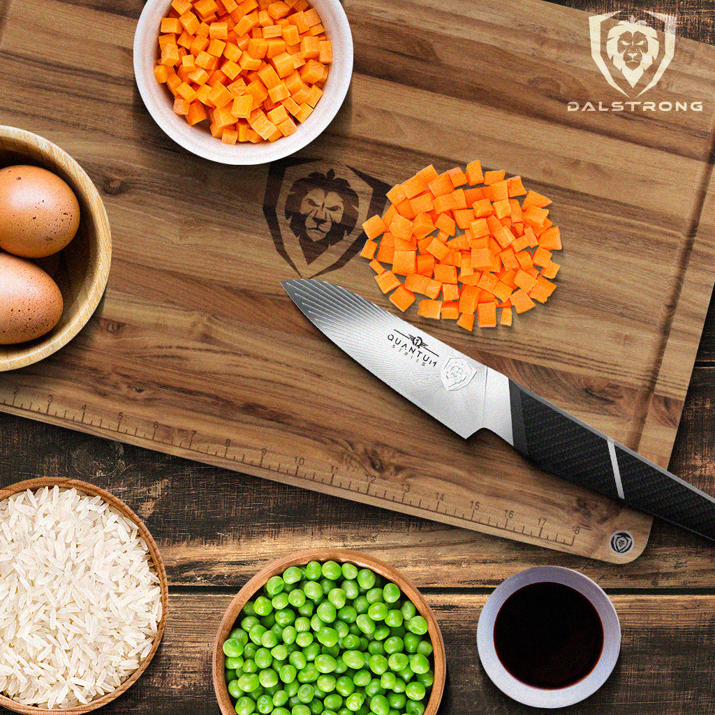 Paring Knife laid on a chopping board surrounded with along some Fried rice recipe ingredients.