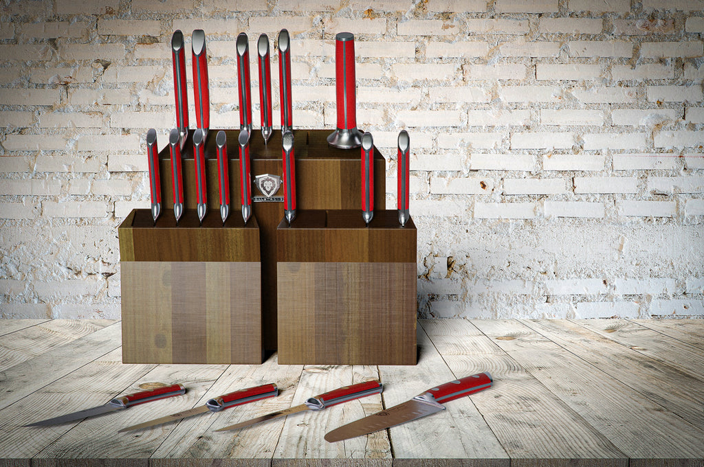 Dalstrong Gladiator Series 18Pc Red Knife Set on a wooden table and white brick background.