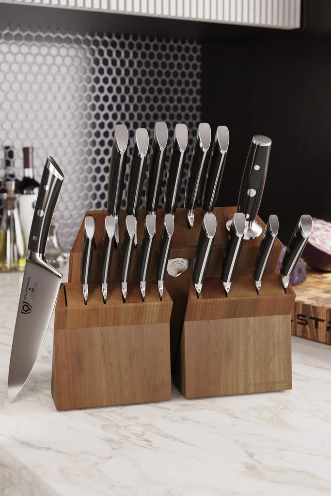 18 Piece Colossal Knife Set with Block Gladiator Series Knives NSF Certified on a marble table.