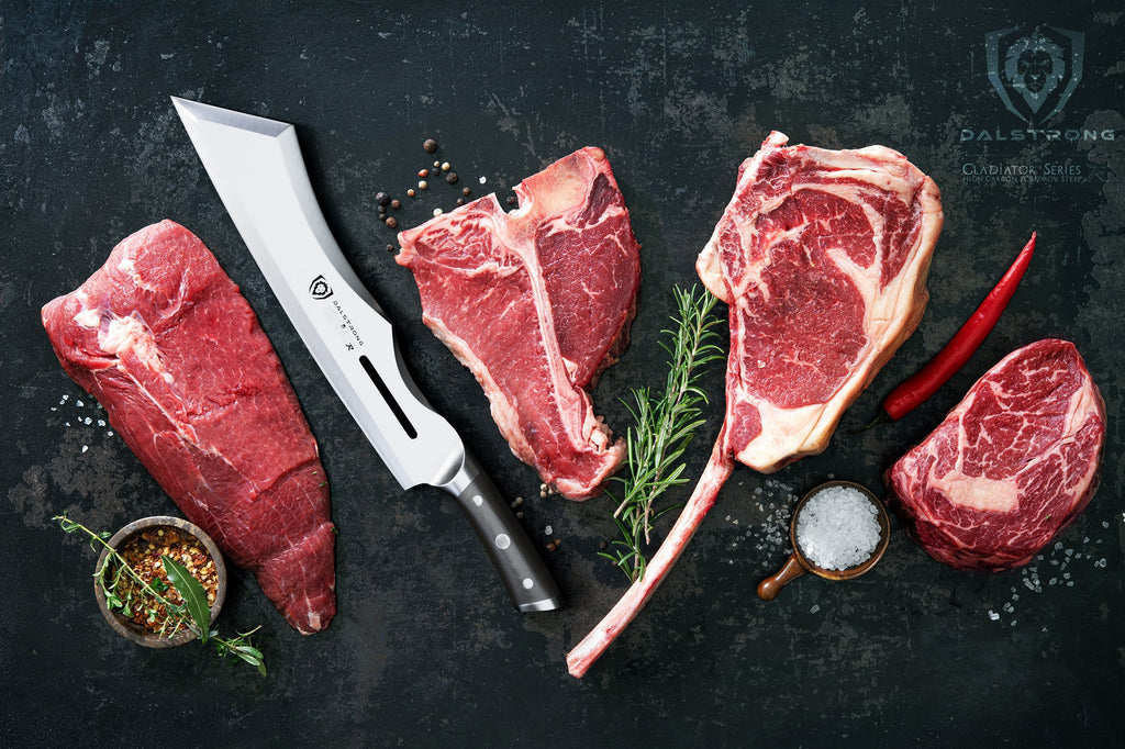 Long cleaver knife with black handle surrounded by raw meat