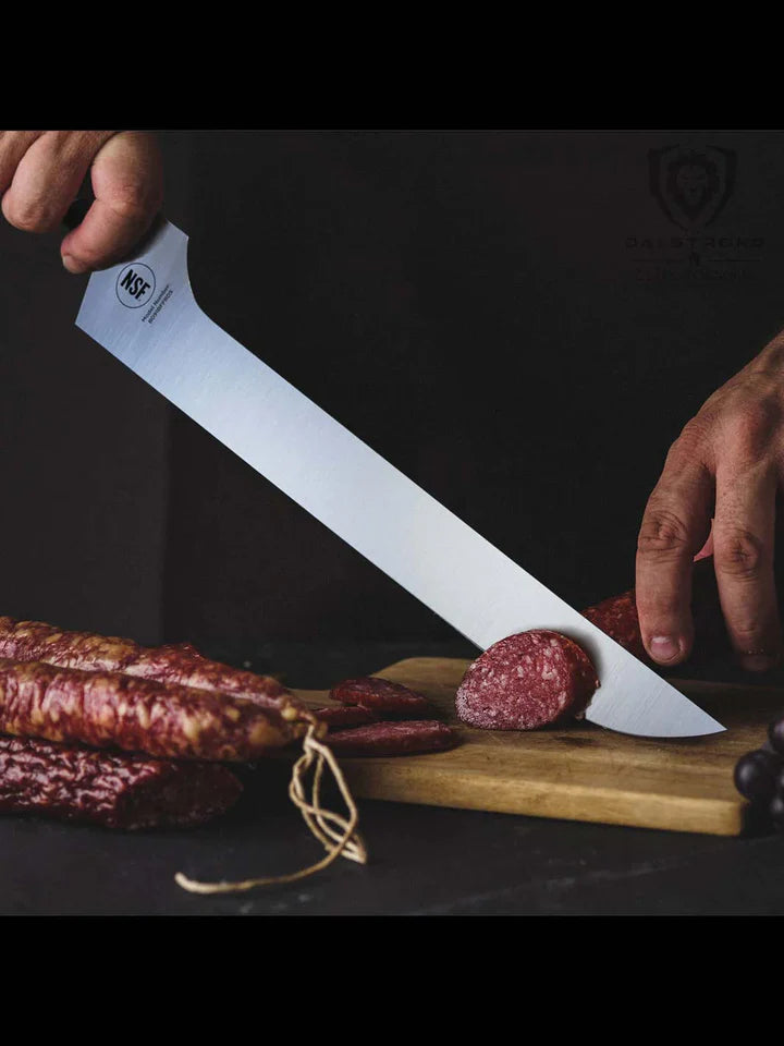A man with gloves slicing sausage using the Gladiator Series Slicing & Carving Knife 12"