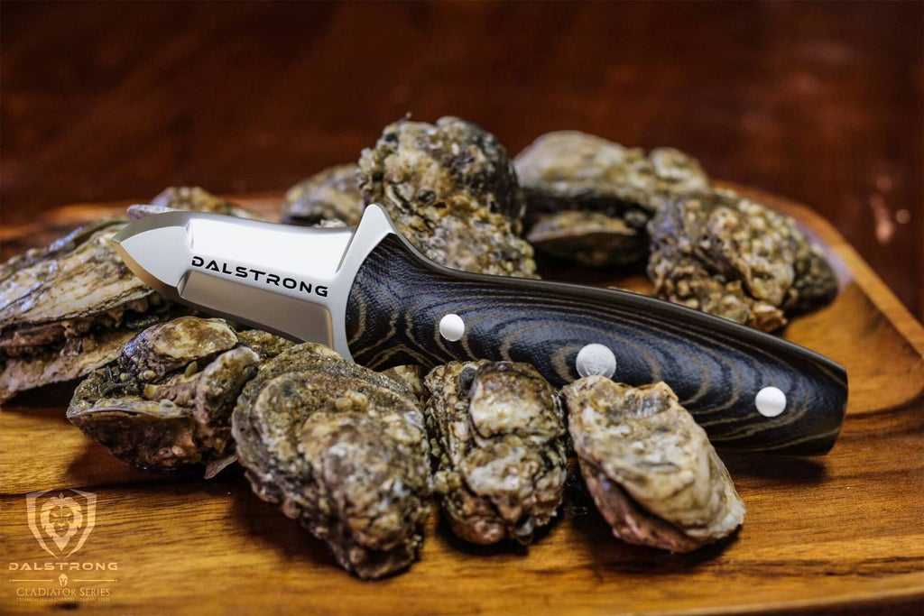 An oyster knife resting on a several fresh clams on a wooden table