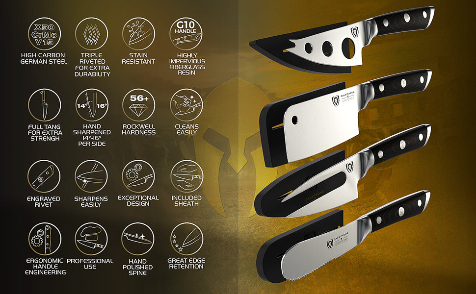 A breakdown of the different features of the Charcuterie & Cheese Knife Set | Gladiator Series | Dalstrong ©