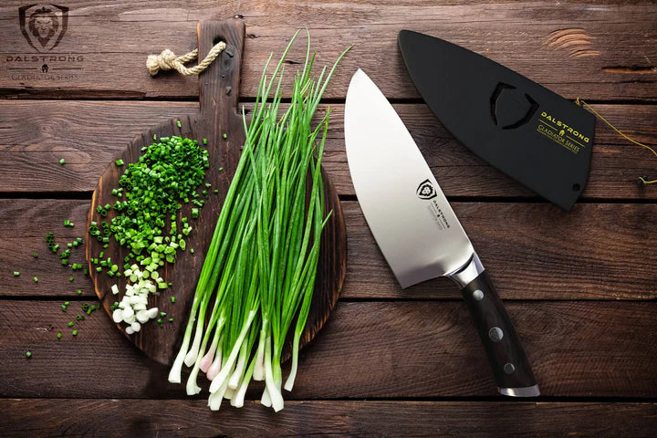 Gladiator Series Rocking Herb Knife 7" beside a chopped scallions