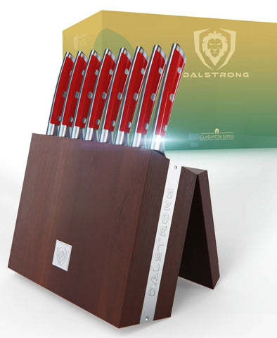 8-Piece Steak Knife Set Red ABS Handles with Storage Block | Gladiator Series | Knives NSF Certified | Dalstrong