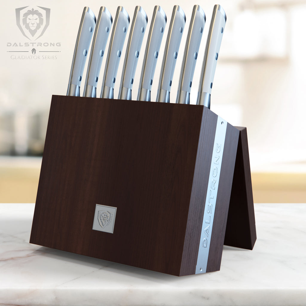 8-Piece Steak Knife Set | White ABS Handles with Storage Block | Gladiator Series | Knives NSF Certified | Dalstrong ©