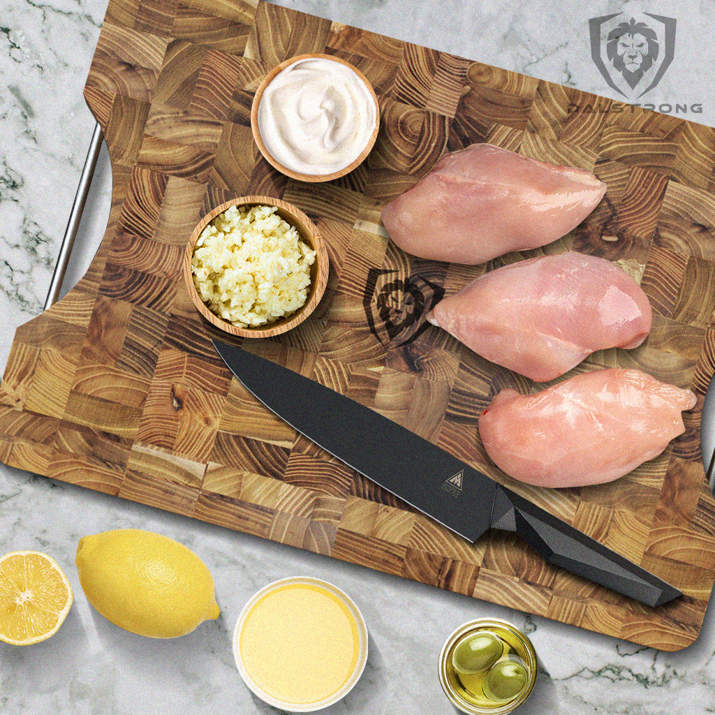 Dalstrong Shadow Black Chef Knife on Colossal Teak Board with chicken
