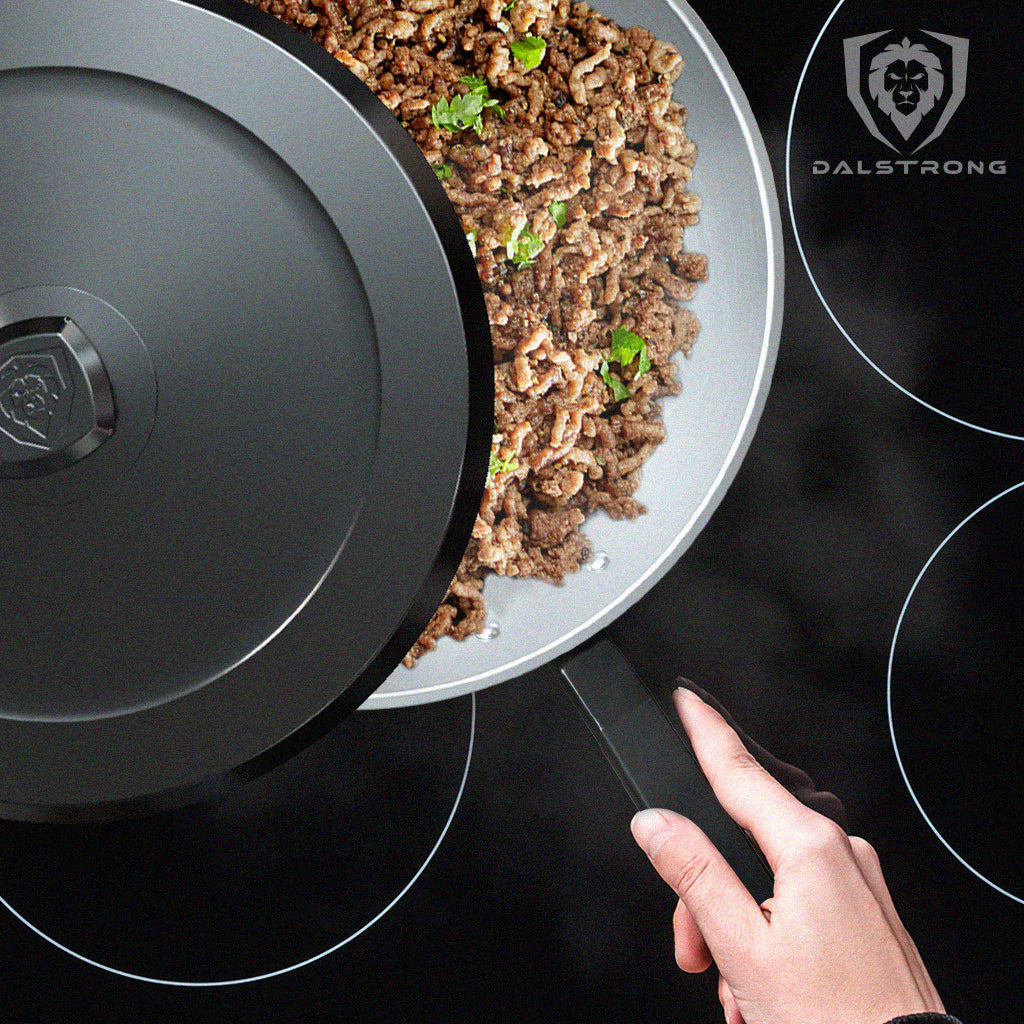 Freshly cooked ground beef on a stunning Dalstrong Avalon Series 12" Skillet.