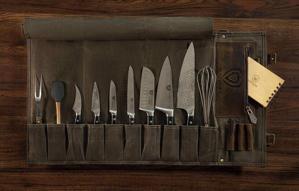 Dalstrong Knife Roll filled with various sized kitchen knives