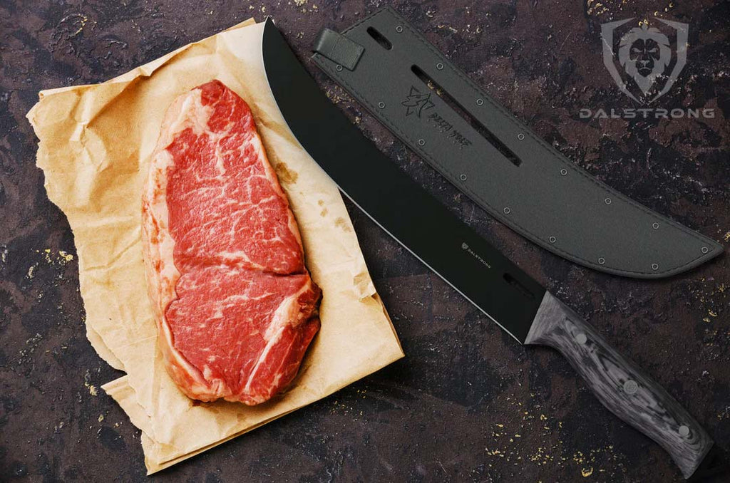 Butcher & Breaking Knife 10" | Delta Wolf Series | Dalstrong with a steak at the side.