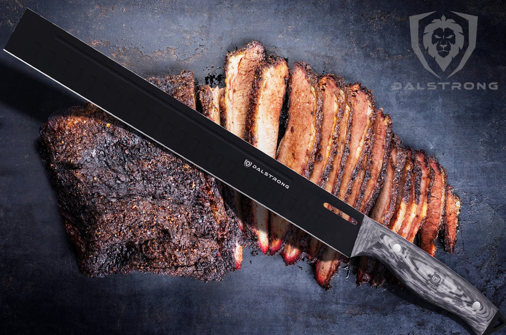 Black carving knife laying on top of sliced brisket against a black background