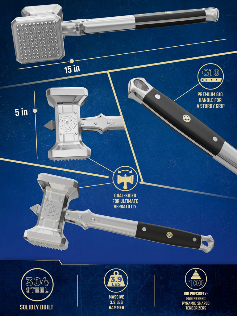 Different images showcasing the dimensions of Dalstrong's meat tenderizer