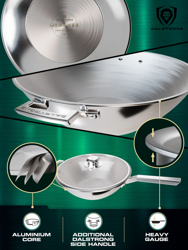 Three panels explaining the benefits of a silver wok against a green background