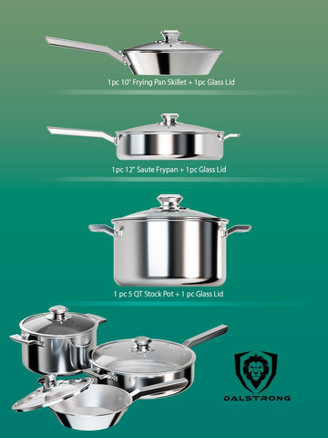 Three panel image of the Oberon 6pc Cookware Set
