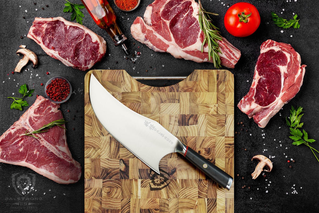 Unique cleaver knife on wooden cutting board that is surrounded by uncooked meat