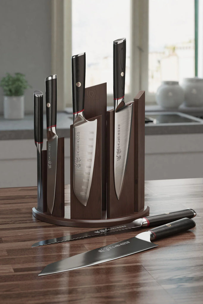 6 Piece Knife Set | Dragon Spire | Phantom Series | Dalstrong on a kitchen table.