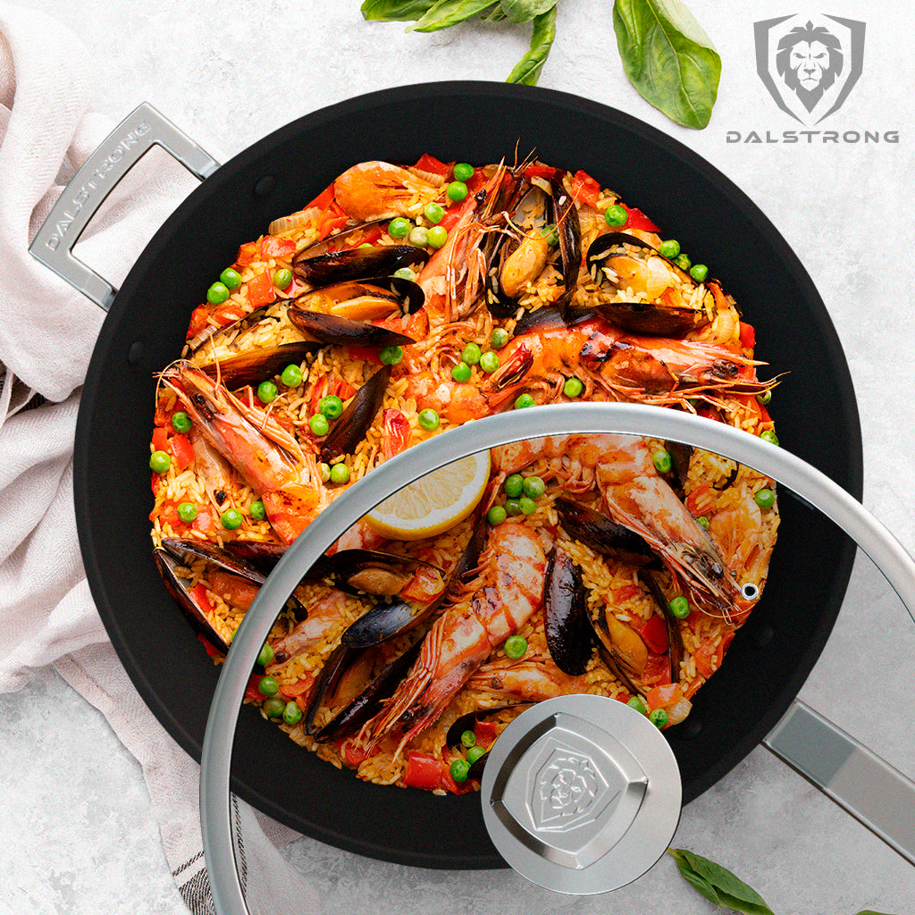 The ultimate paella freshly cooked in a Dalstrong Non-stick skillet with elegant glass cover