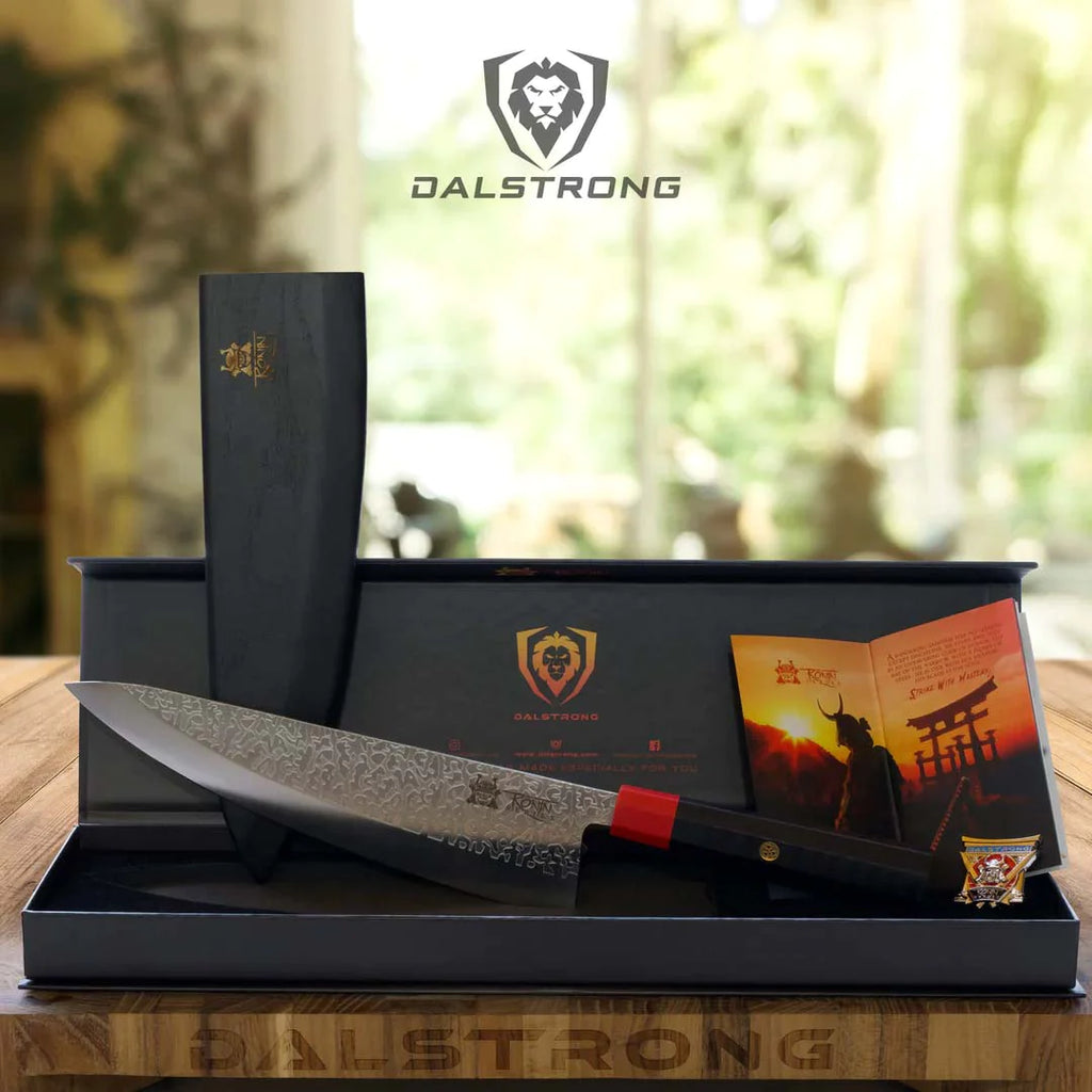 Chef Knife 8" | Double Bevel | Black Acacia Wood Sheath | Ronin Series | Dalstrong inside it's premium packaging.