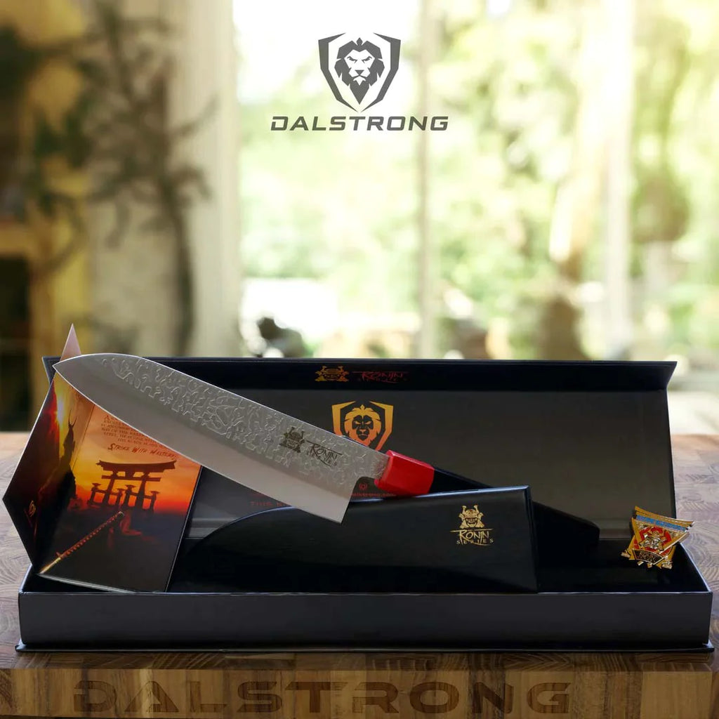 Santoku Knife 7" | Double Bevel | Black Acacia Wood Sheath | Ronin Series | Dalstrong inside of its premium packaging.