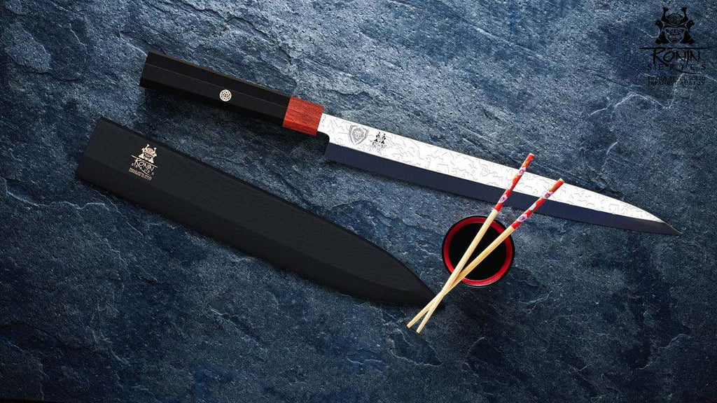 Yanagiba & Sushi Knife 10.5" Single Bevel Ronin Series with black sheath on a rough surface