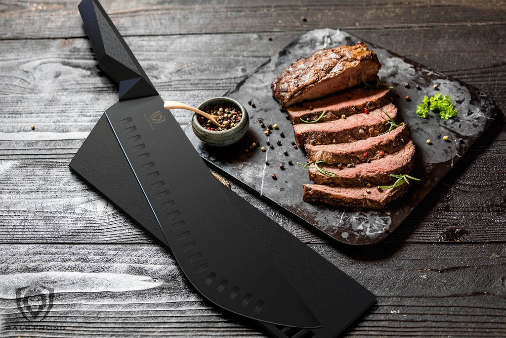 Dalstrong shadow black series butcher knife with sliced meat