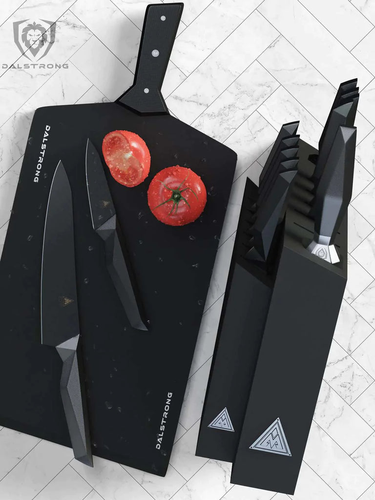 Shadow Black Series 12-Piece Knife Block Set beside a cutting board with tomatoes