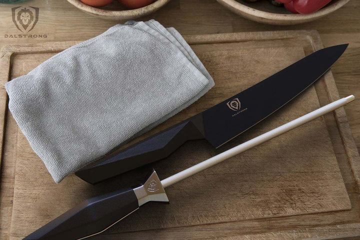 Shadow Black Series Honing Steel 9" beside a chef knife.