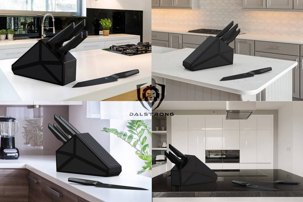 Four panel image displaying different kitchens with the same black five piece knife block set 