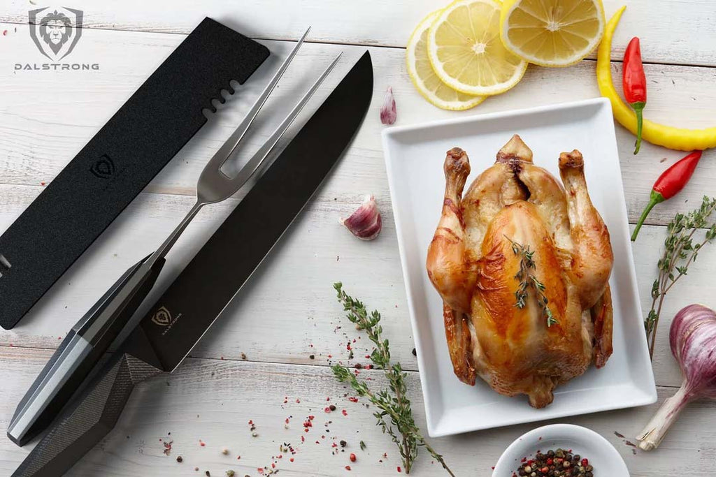 Carving Knife & Fork Set 9" Shadow Black Series NSF Certified Dalstrong beside a roasted turkey.