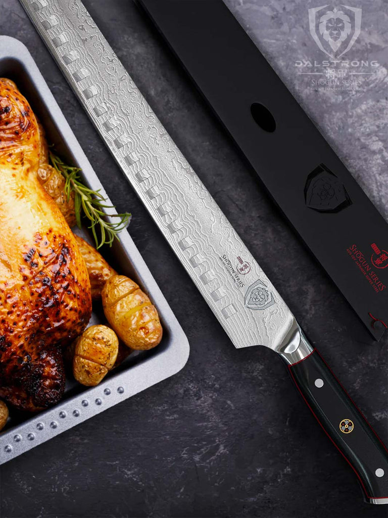 Extra-Long Slicing & Carving Knife 14" Shogun Series ELITE Dalstrong beside a roasted turkey.