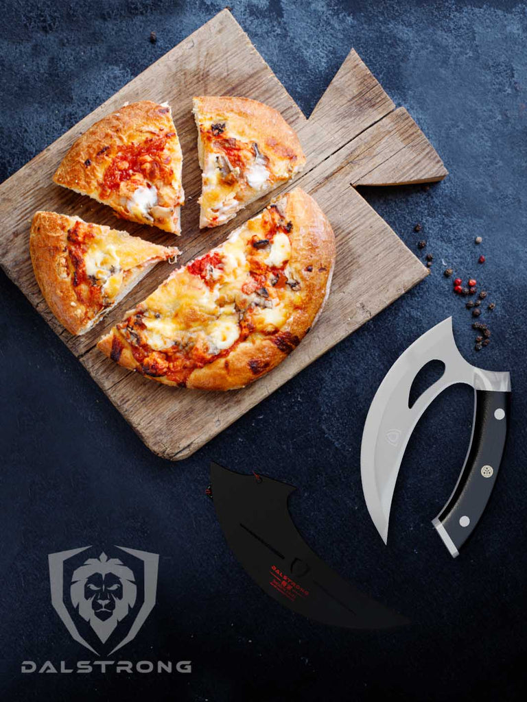 Dalstrong Shogun Series ELITE Ulu Knife with sliced pizza on a cutting board.