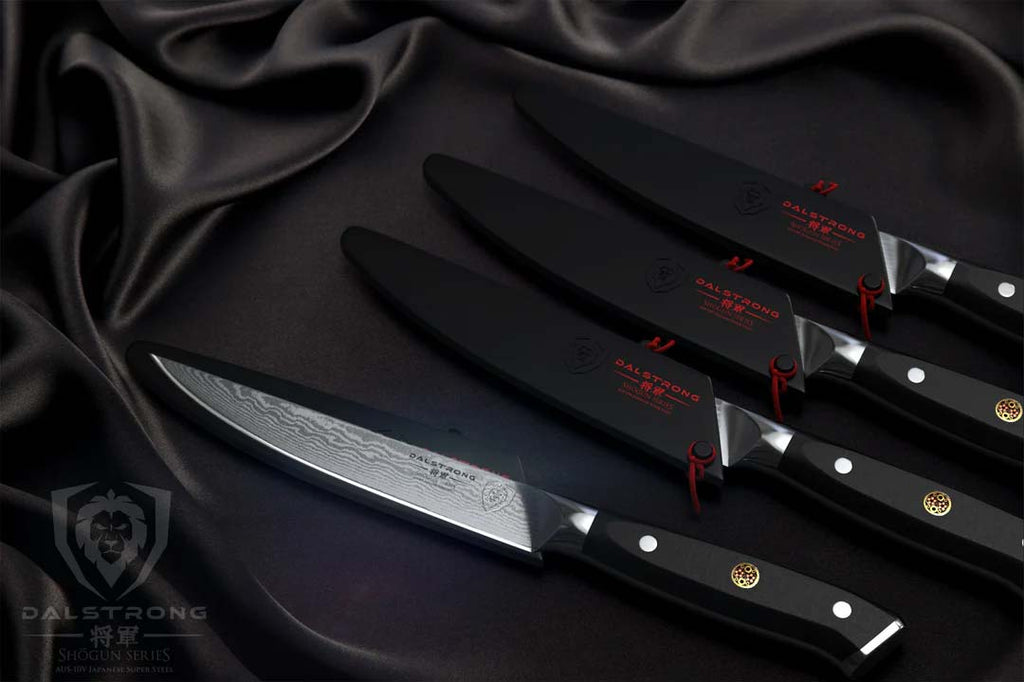 4 Piece Steak Knife Set | Shogun Series ELITE | Dalstrong with it's black sheath