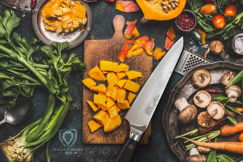 Dalstrong shogun series chef's knife surrounded by fruits and vegetables