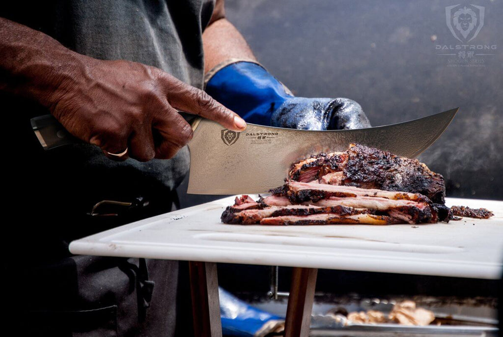 meat cleaver cutting smoked beef