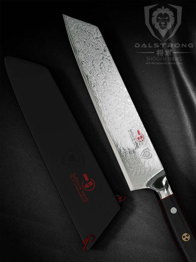 Kiritsuke Chef's Knife 8.5" Shogun Series ELITE beside it's black sheath.
