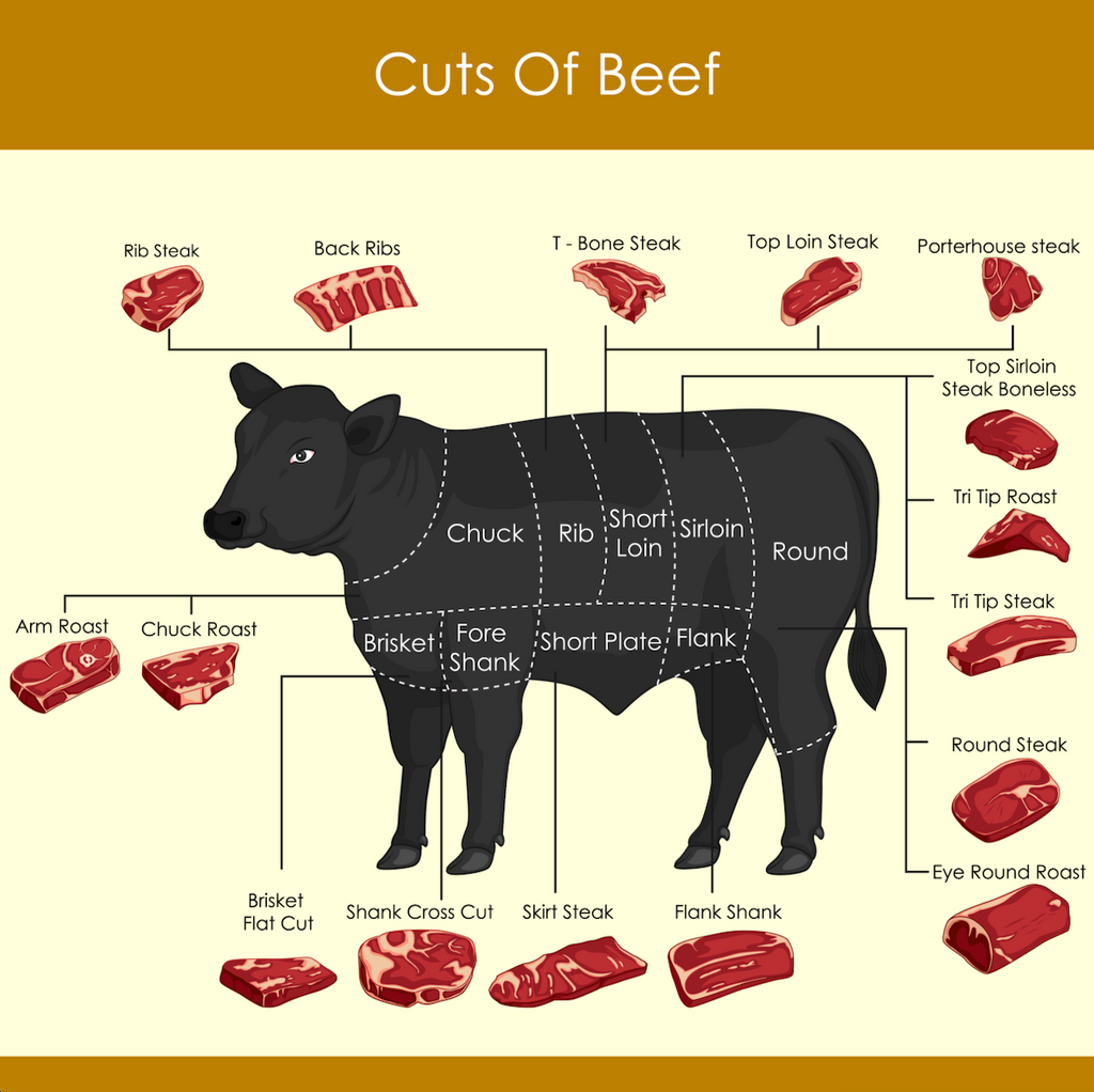 Diagram of cow that depicts the different cuts of beef